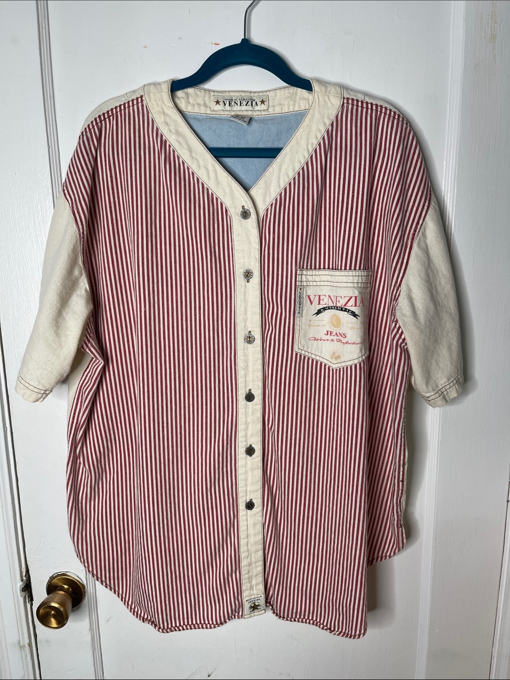 Vintage Venezia Baseball Shirt Button Front 90s Red Stripes 18 20 Denim Pocket